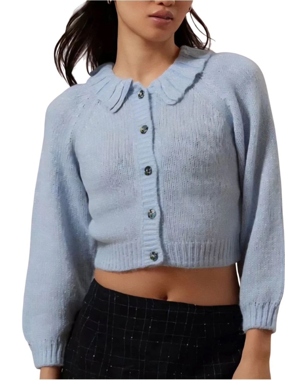 UO Kimchi Blue iridescent Knit Light Blue Button up cropped sweater - Picture 2 of 9